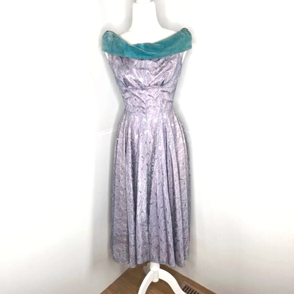 Vintage 50s lace velvet midi formal prom dress XS icy blue silver turquoise